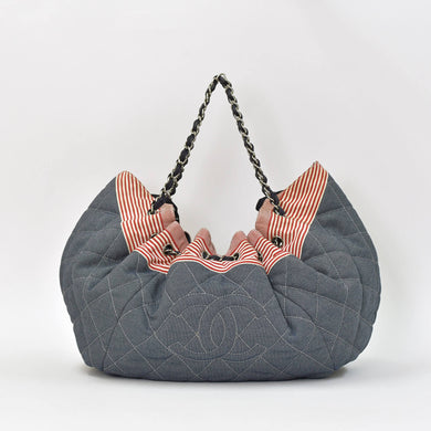 CHANEL シャネル ココカバスGM チェーントートバッグ A46887 13番台 ココマーク デニム キャンバス ストライプ シルバー金具 美品 中古 4b007857