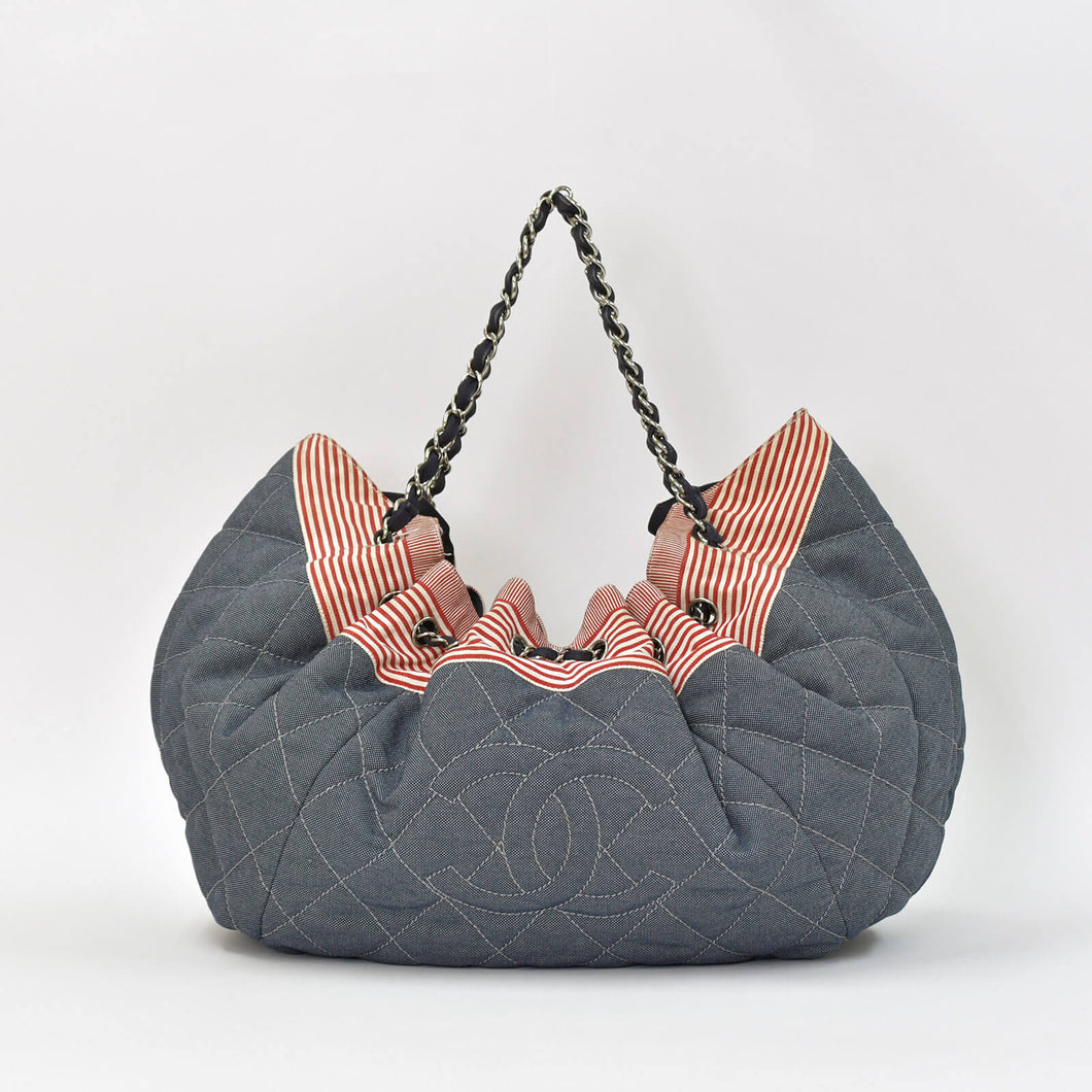 CHANEL シャネル ココカバスGM チェーントートバッグ A46887 13番台 ココマーク デニム キャンバス ストライプ シルバー金具 美品 中古 4b007857
