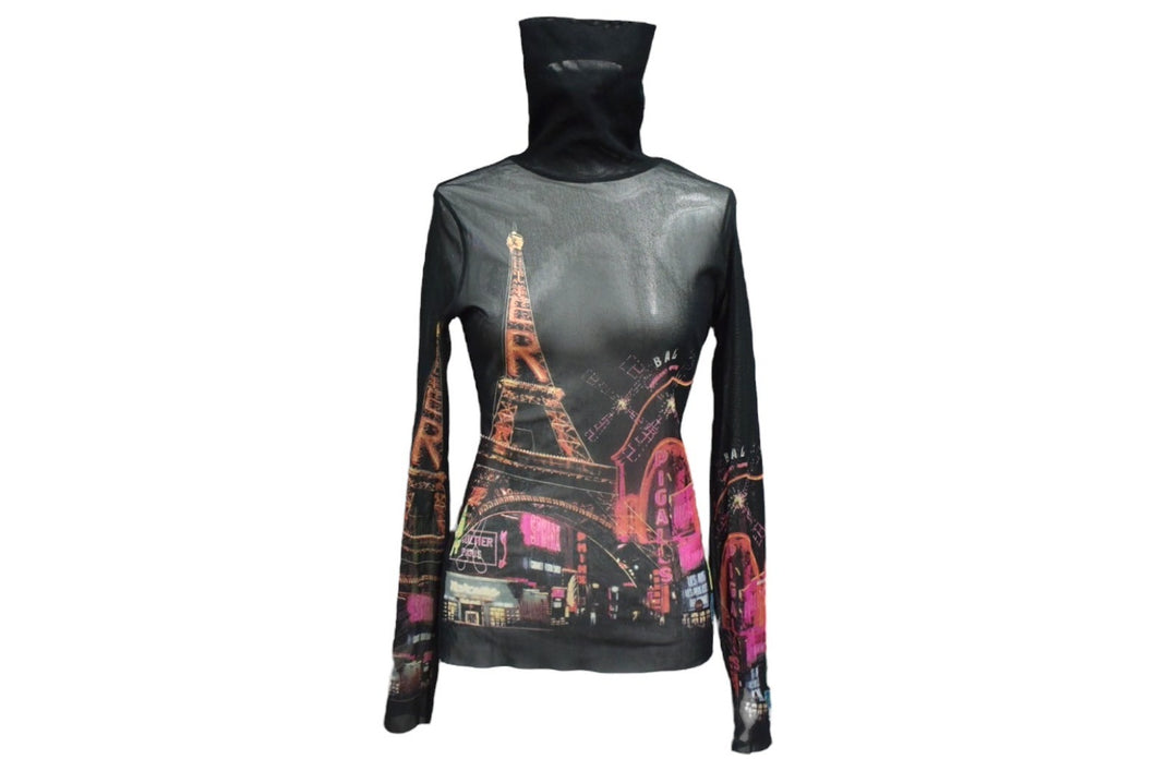 極美品 Jean Paul Gaultier ジャンポール ゴルチェ シアーカットソー ネオン街プリント パワーネット ハイネック ブラック マルチカラー サイズ40 美品 中古 4c076027