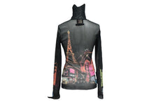 画像をギャラリービューアに読み込む, 極美品 Jean Paul Gaultier ジャンポール ゴルチェ シアーカットソー ネオン街プリント パワーネット ハイネック ブラック マルチカラー サイズ40 美品 中古 4c076027