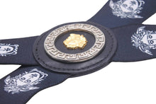 画像をギャラリービューアに読み込む, VERSACE ベルサーチ サスペンダー メデューサ ヴィンテージ シルバー ネイビー×ホワイト 美品 中古 8124