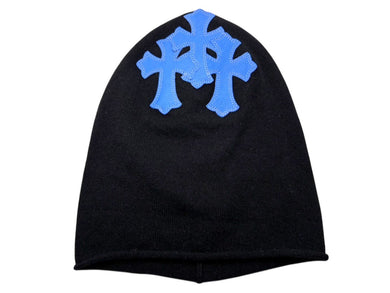 新品同様 CHROME HEARTS クロムハーツ クロスパッチ ニットキャップ ビーニー カシミヤ レザー ブルー ブラック ONE SIZE 中古 4b008315