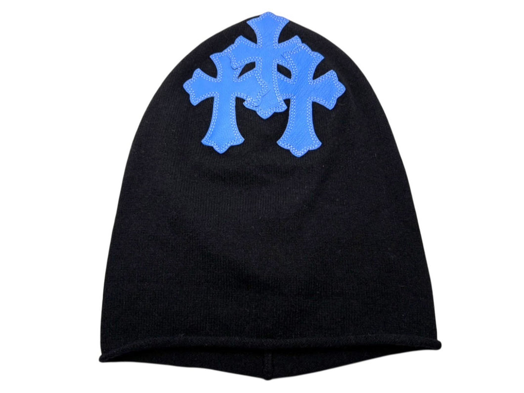 新品同様 CHROME HEARTS クロムハーツ クロスパッチ ニットキャップ ビーニー カシミヤ レザー ブルー ブラック ONE SIZE 中古 4b008315