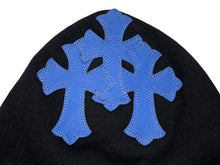 画像をギャラリービューアに読み込む, 新品同様 CHROME HEARTS クロムハーツ クロスパッチ ニットキャップ ビーニー カシミヤ レザー ブルー ブラック ONE SIZE 中古 4b008315