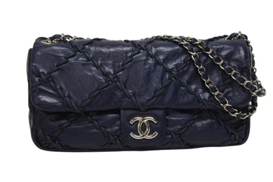 極美品 CHANEL シャネル ウルトラステッチ チェーンショルダーバッグ A48492 15番台 ラムスキン ココマーク ネイビー シルバー金具 中古 4b009879