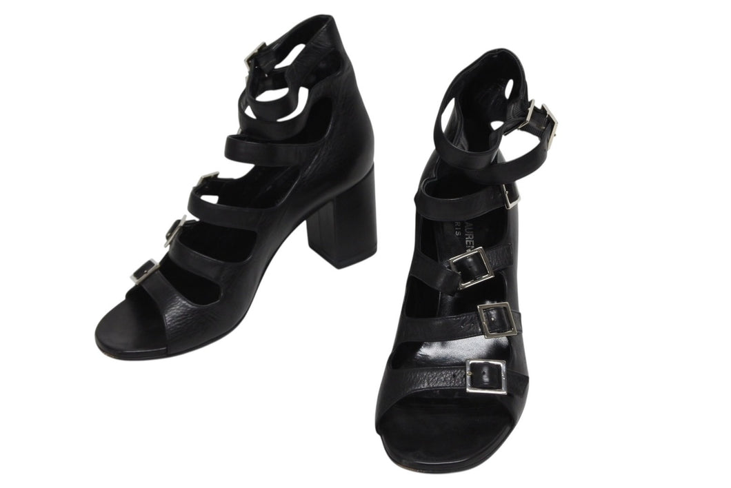 極美品 SAINT LAURENT サンローラン 6連ベルトサンダル ヒール チャンキーソール レザー ブラック シルバー金具 サイズ38 中古 4b009954