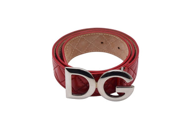 極美品 DOLCE&GABBANA ドルチェアンドガッバーナ キルティングベルト D&G ロゴバックル レッド レザー シルバー金具 中古 4c075465