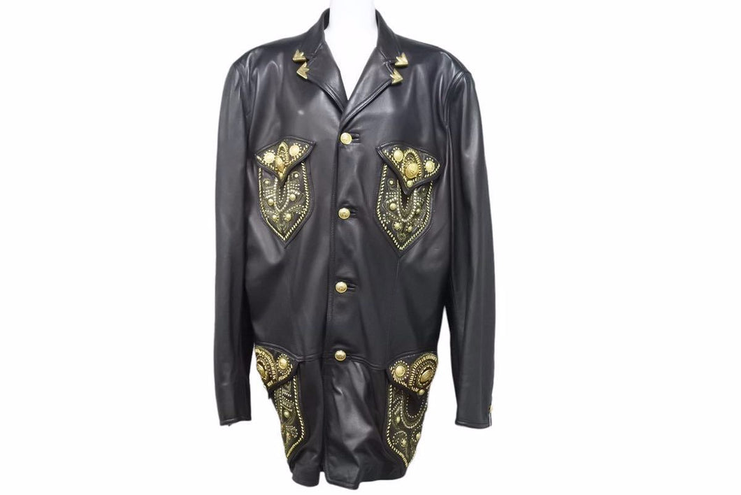 激レア VERSACE ヴェルサーチ レザーテーラードジャケット メデューサボタン アウター ブラック ヴィンテージ 美品 42023