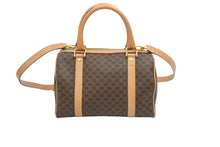 画像をギャラリービューアに読み込む, CELINE セリーヌ マカダム柄 2way ハンドバッグ ショルダーバッグ M11 ロゴ ゴールド金具 カバン 鞄 ブラウン 美品 中古 42514