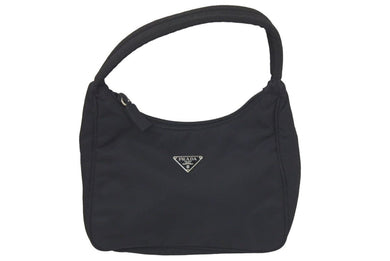 PRADA プラダ MV515 ホーボー ハンドバッグ ミニバッグ 三角ロゴ金具 プレート ナイロン ブラック レディース 美品 中古 46252