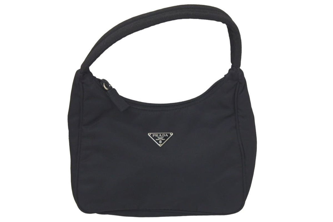 PRADA プラダ MV515 ホーボー ハンドバッグ ミニバッグ 三角ロゴ金具 プレート ナイロン ブラック レディース 美品 中古 46252