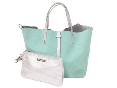 Tiffany ティファニー ハンドバッグ レザー×スエード シルバー×グリーン リバーシブル ポーチ付き 美品 中古 46495