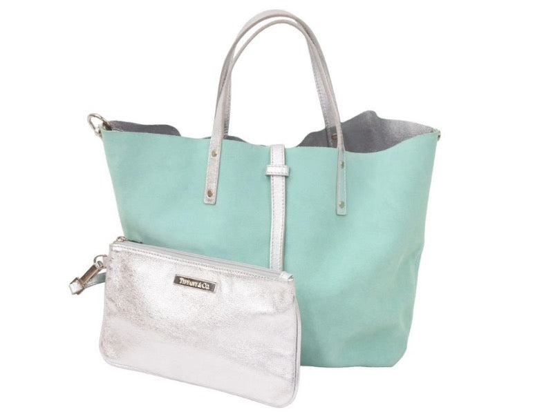 Tiffany ティファニー ハンドバッグ レザー×スエード シルバー×グリーン リバーシブル ポーチ付き 美品 中古 46495