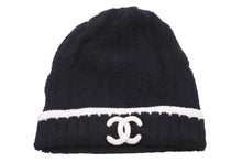 画像をギャラリービューアに読み込む, CHANEL シャネル ココマークロゴ ニット帽 帽子 キャップ ビーニー カシミア ブラック ホワイト 美品 中古 46588