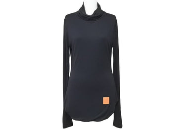 LOEWE ロエベ アナグラム レザーパッチ ハイネックカットソー D2199511PC ビスコース シルク ブラック 美品 中古 46642