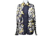 画像をギャラリービューアに読み込む, VERSACE ヴェルサーチ 長袖シャツ 花柄 シルク ネイビー イエロー ホワイト ゴールド×ブラック金具 サイズ40 美品 中古 48853