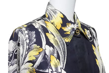 画像をギャラリービューアに読み込む, VERSACE ヴェルサーチ 長袖シャツ 花柄 シルク ネイビー イエロー ホワイト ゴールド×ブラック金具 サイズ40 美品 中古 48853