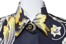 画像をギャラリービューアに読み込む, VERSACE ヴェルサーチ 長袖シャツ 花柄 シルク ネイビー イエロー ホワイト ゴールド×ブラック金具 サイズ40 美品 中古 48853