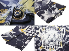 画像をギャラリービューアに読み込む, VERSACE ヴェルサーチ 長袖シャツ 花柄 シルク ネイビー イエロー ホワイト ゴールド×ブラック金具 サイズ40 美品 中古 48853