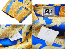 画像をギャラリービューアに読み込む, 新品未使用品 VERSACE ヴェルサーチ 長袖シャツ ブラウス V2 バロック柄 メデューサ シルク ブルー ゴールド 38 L 中古 52660