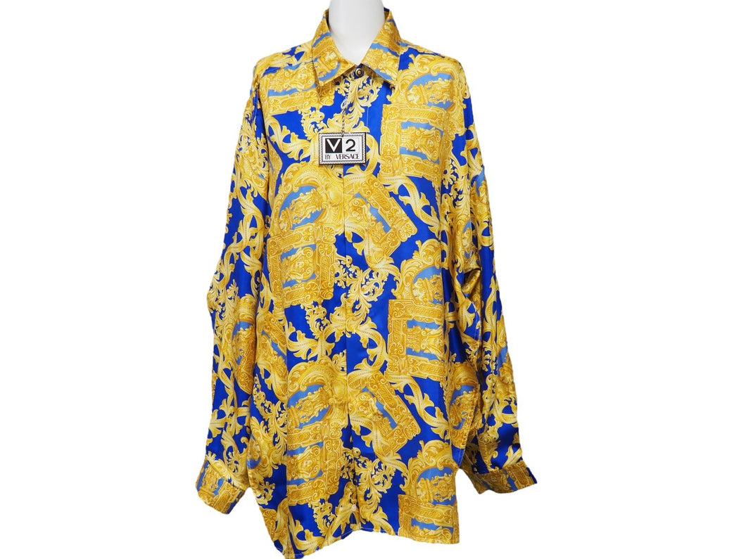 新品未使用品 VERSACE ヴェルサーチ 長袖シャツ ブラウス V2 バロック柄 メデューサ シルク ブルー ゴールド 38 L 中古 52660