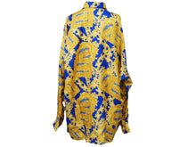 画像をギャラリービューアに読み込む, 新品未使用品 VERSACE ヴェルサーチ 長袖シャツ ブラウス V2 バロック柄 メデューサ シルク ブルー ゴールド 38 L 中古 52660