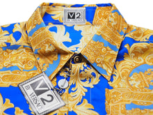 画像をギャラリービューアに読み込む, 新品未使用品 VERSACE ヴェルサーチ 長袖シャツ ブラウス V2 バロック柄 メデューサ シルク ブルー ゴールド 38 L 中古 52660