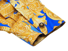 画像をギャラリービューアに読み込む, 新品未使用品 VERSACE ヴェルサーチ 長袖シャツ ブラウス V2 バロック柄 メデューサ シルク ブルー ゴールド 38 L 中古 52660