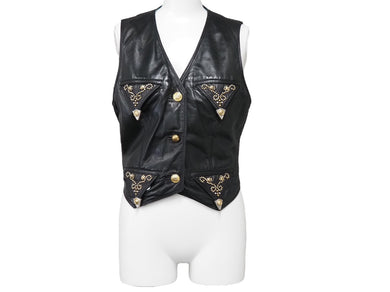 GIANNI VERSACE ジャンニヴェルサーチ ベスト セットアップ メデューサボタン レザー レーヨン ブラック サイズ42 美品 中古 53031