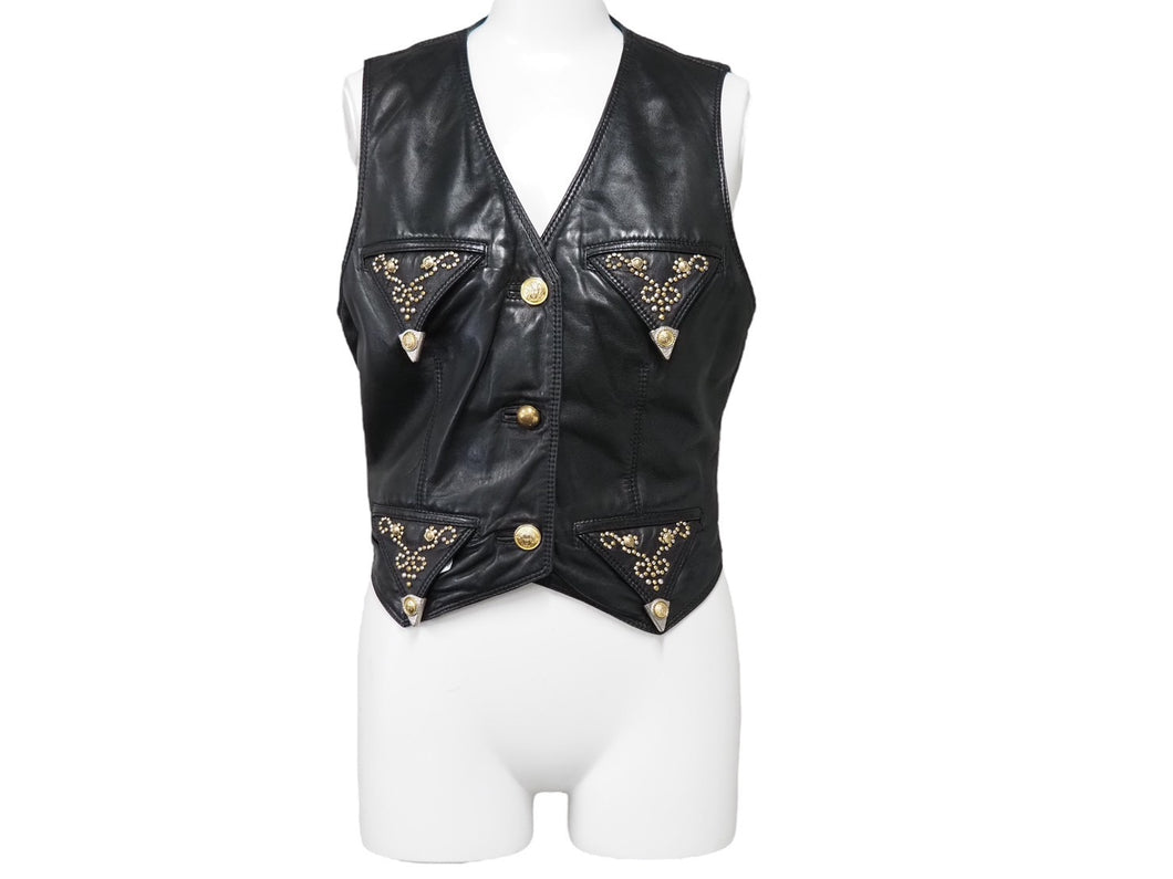 GIANNI VERSACE ジャンニヴェルサーチ ベスト セットアップ メデューサボタン レザー レーヨン ブラック サイズ42 美品 中古 53031