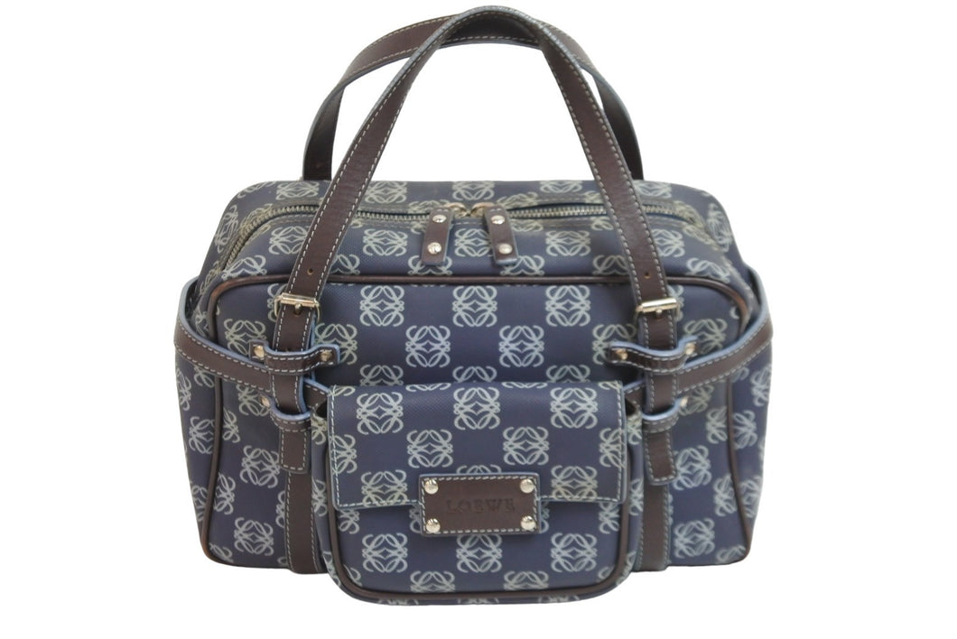 LOEWE ロエベ ハンドバッグ アナグラム柄 ポーチ付き 290410 レザー PVC ネイビー ブラウン ゴールド金具 良品 中古 54327