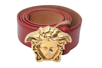 VERSACE ヴェルサーチ VersaceGold ベルト バックル メドゥーサ レザー レッド ゴールド 美品 中古 54631