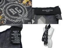 画像をギャラリービューアに読み込む, Givenchy ジバンシー ストール バンダナ ハンカチ ロットワイラーモチーフ モーダル カシミヤ ネイビー 135×135 美品 中古 56265