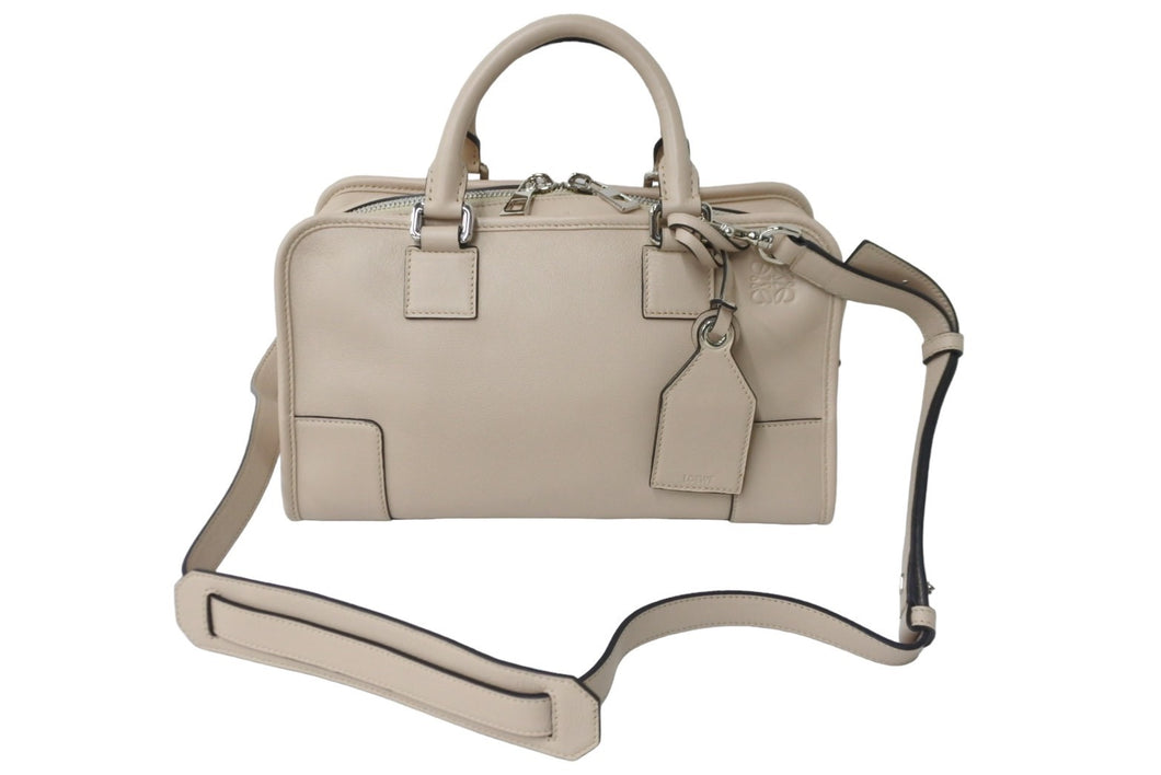 LOEWE ロエベ 2WAYハンドバッグ アマソナ28 アナグラム レザー ベージュ シルバー金具 美品 中古 56863