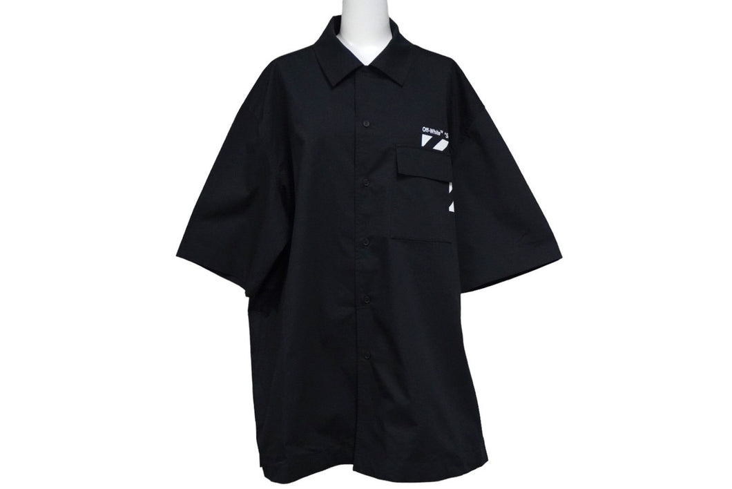 極美品 OFF-WHITE オフホワイト 半袖シャツ ブラック コットン ポリエステル エラスタン サイズXL 中古 57221