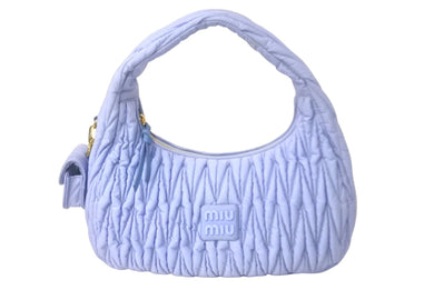 MIUMIU ミュウミュウ ハンドバッグ ホーボー マテラッセ ブルー メタルロゴ リナイロン 5BC108 ゴールド金具 美品 中古 60948